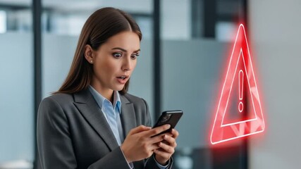 Surprised Businesswoman Reacts to Urgent Digital Warning on Smartphone Screen - Powered by Adobe