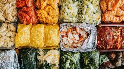 Assortment of Freshly Prepared Vegetables and Proteins Organized in Transparent Plastic and Foil Wrap for Easy Meal Planning and Quick Cooking Convenience
