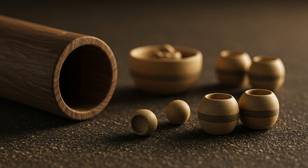 Elegant wooden craftwork displays rustic pots, bowls, and spheres on a textured surface, showcasing intricate woodworking and minimalist design.