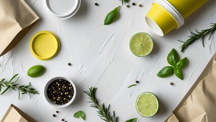 Fresh Herbs, Limes & Spices Flat Lay with Eco-Friendly Packaging