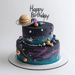 A two tier galaxy themed birthday cake with planet topper and happy birthday sign on a white background