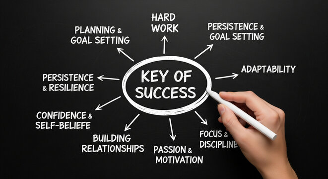 Key of success with a mind map on a chalkboard, outlining various crucial components and principles for achieving success