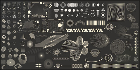 Futuristic Graphic Elements Pack on Dark Background futuristic Y2K style. Cyberpunk visual elements for UI, posters, apparel and design projects. Vector set 