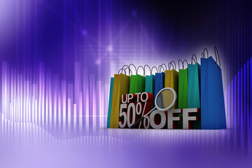 3d rendering e-shopping concept, shopping bag with 50% percentage offer
