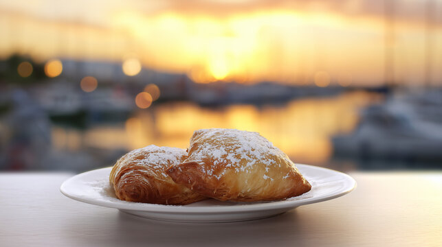 Golden honey-glazed pastizzi on ceramic plate, powdered sugar dusting, flaky layers in warm sunset light.