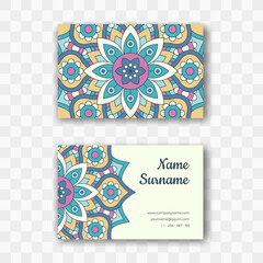 Vector business card design in oriental style. Round mandala layout, Islam, Arabic, Indian motifs. Vintage visiting card for employees of yoga studios, tattoo parlors, beauty clinics, massage rooms