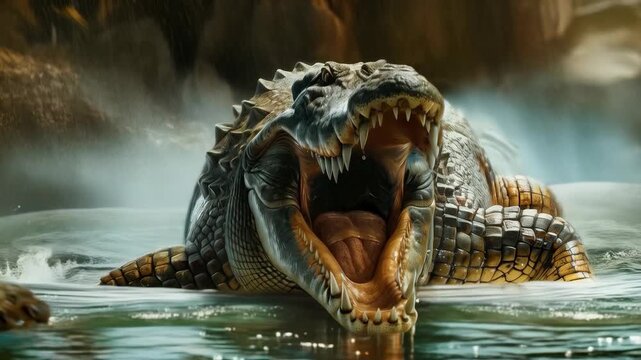 Close-up of crocodile with open mouth in water. Suitable for documentary projects about wildlife and animals.
