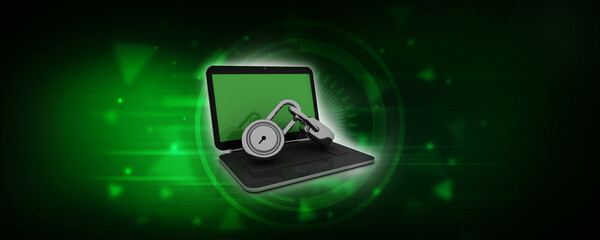 3d illustration Safety concept: Closed Padlock with laptop on digital background