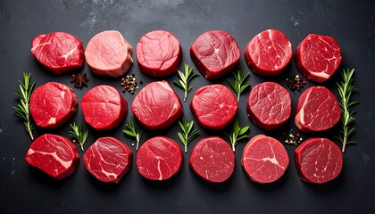 Raw beef steaks arranged on a dark surface