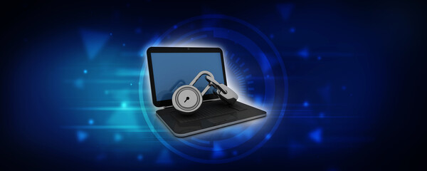 3d illustration Safety concept: Closed Padlock with laptop on digital background