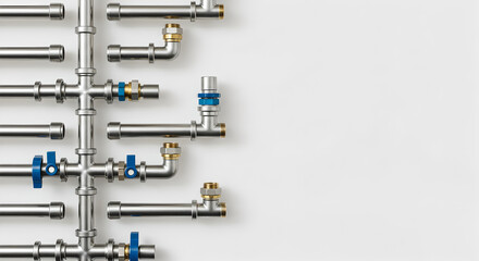 Metal pipe fittings and tubes details. Plumbing repair and connection parts for residential and industrial use. Copy space background