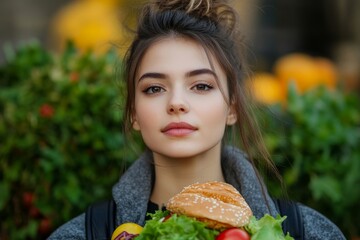 Temptation versus healthy choices, young woman choosing between a salad and fast food during a diet session, Generative AI