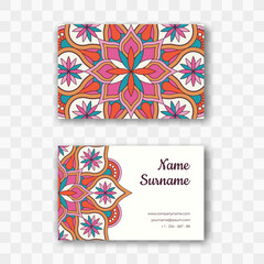 Vector horizontal business card template with mandala pattern. Round oriental layout in orange and blue colors.  Isolated colorful ornate visiting card. Good for beauty salon, yoga and massage studio