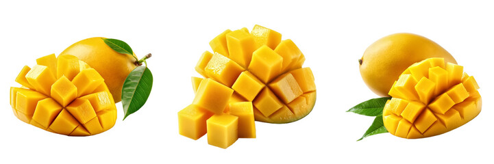 Fresh ripe mango sliced into cubes next to a whole mango with leaves, isolated on transparent background. Ideal for food, tropical concepts