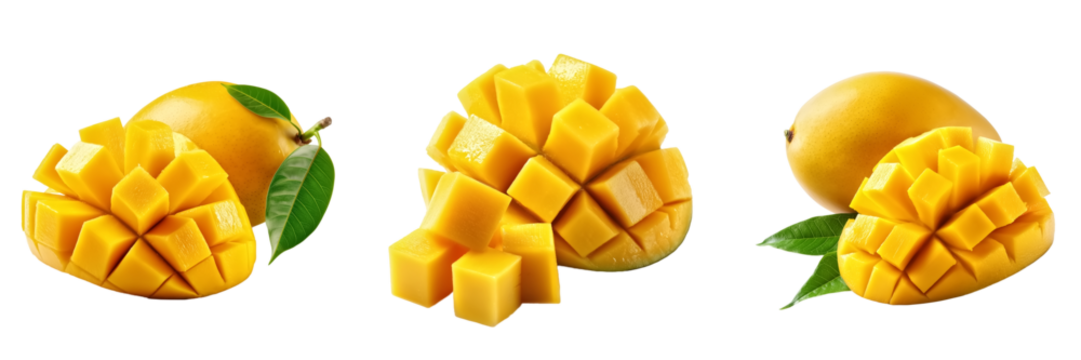 Fresh ripe mango sliced into cubes next to a whole mango with leaves, isolated on transparent background. Ideal for food, tropical concepts