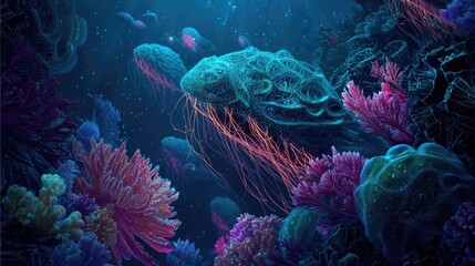 Deep sea, bioluminescent jellyfish and coral