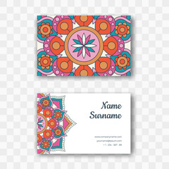Vector business card design in oriental style. Round mandala layout, Islam, Arabic, Indian motifs. Vintage visiting card for employees of yoga studios, tattoo parlors, beauty clinics, massage rooms