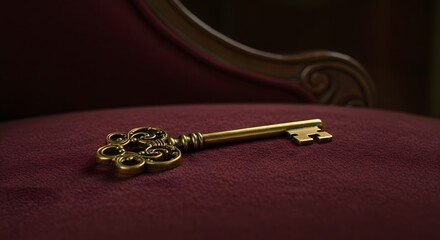 Golden Key on Elegant Upholstery: A close-up shot captures the intricate details of a decorative golden key resting gracefully on a plush, velvety maroon surface.
