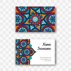 Vector business card design template with floral mandala pattern. Isolated blue visiting card in oriental style. For employees of yoga studios, tattoo parlors, beauty clinics, massage rooms