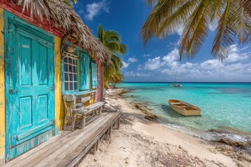 Vibrant beach huts on a tropical island, turquoise water, and a small boat