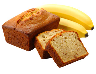Golden Banana Cake: A delectable loaf of freshly baked banana bread, sliced and ready to enjoy, alongside fresh, ripe bananas, offering a visual feast of textures and flavors.