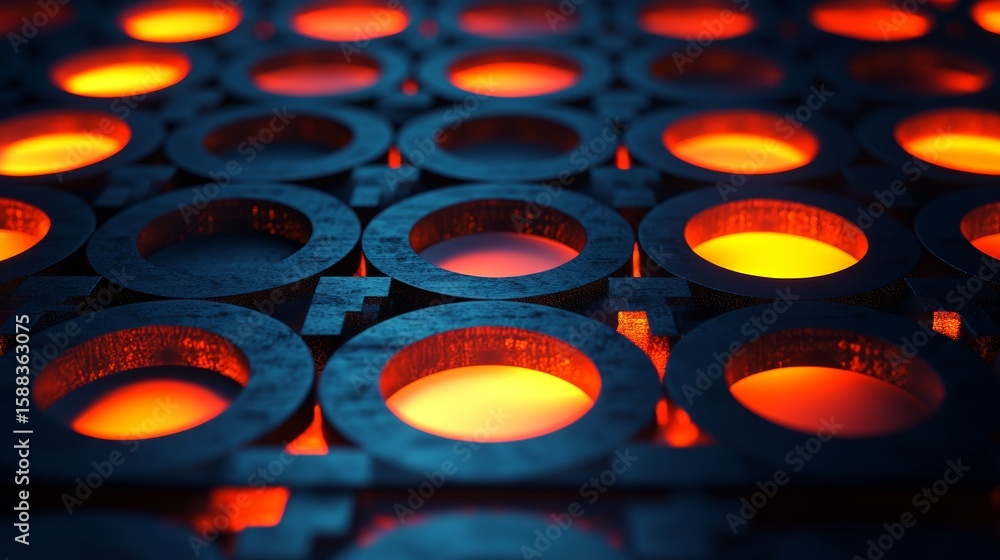 Poster futuristic grid pattern with glowing orbs and dark metallic structure