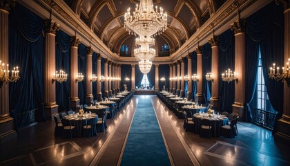 Fototapeta premium Opulent Gala Venue with Elegant Drapery and Sparkling Chandeliers