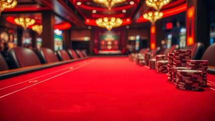 Fototapeta premium A velvet red table with scattered chips conveys the excitement and tension of a casino. Blurred background. Space for text. High-stakes atmosphere. Suitable for advertising.
