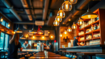 A warm restaurant interior with soft lighting and working staff in motion. The blur effect conveys dynamics and comfort at the same time.