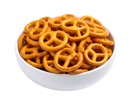 Pretzel Snacks in Bowl: An appetizing close-up shows golden pretzel snacks filling a pristine white bowl, presenting a simple yet satisfying treat for casual indulgence.