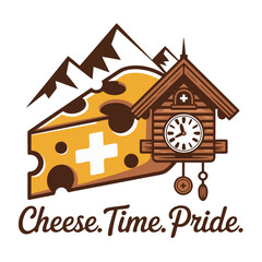 Cheese and cuckoo clock against mountain background
