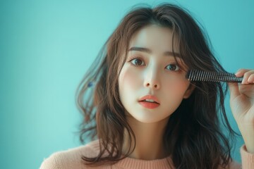Hair fall problem concept, shocked Asian woman looking at many strands of hair lost in her hand and comb, concerned about hair thinning, Generative AI