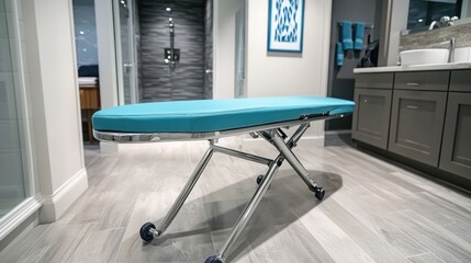 Contemporary bathroom interior showcasing a sleek, rolling teal ottoman with a modern chrome frame standing out against the cool-toned color palette of the room