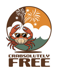 Cartoon crab wearing sunglasses celebrating freedom with fireworks