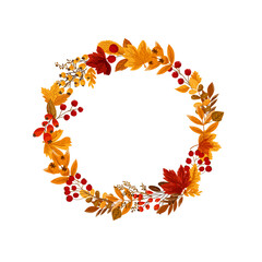 Autumn wreaths and design elements. Fall. Hand drawn leaves, plants, branches. Good for Thanksgiving greeting cards, invitations, flyers and other graphic design. Vector illustration