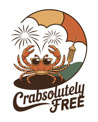 Cartoon crab wearing sunglasses under an umbrella with fireworks