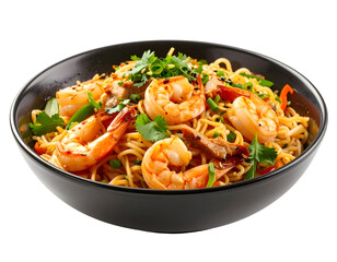 Exquisite Shrimp Noodle Bowl: A visual feast of gourmet noodles adorned with succulent shrimp, vibrant vegetables, and fresh herbs, capturing a delicious dining experience.