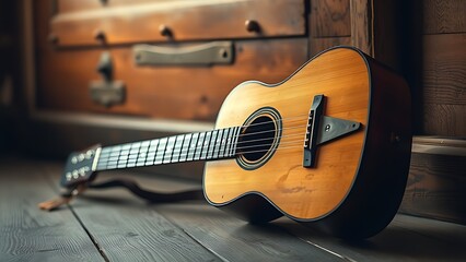 Fototapeta premium A vintage guitar resting on a wooden floor, highlighted by warm lighting from the side.