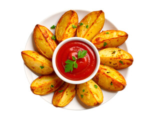 Crispy Potato Wedges with Tomato Ketchup: A visually appealing photo of golden, crispy potato wedges arranged artistically on a white plate, surrounding a vibrant red bowl of tomato ketchup.