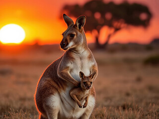 Kangaroo and Joey Warm Sunset Australian Outback