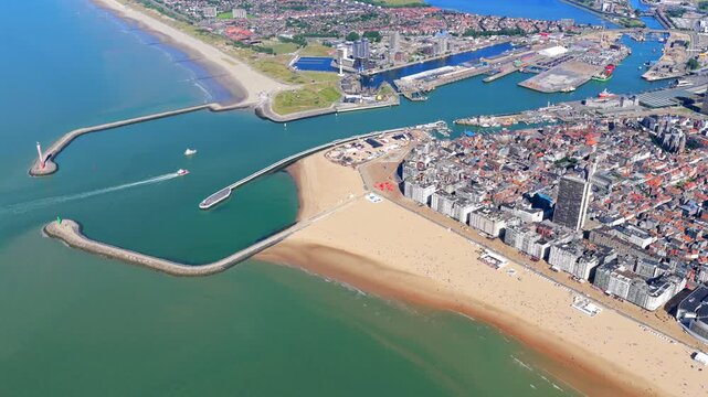 Aerial view of the beach and city of Ostende Belgium during summer