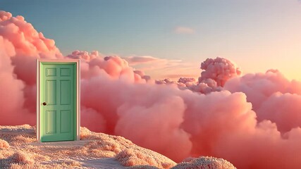 Exploring a surreal landscape with a vibrant door in a cloud-filled sky at sunset - Powered by Adobe