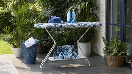 Laundry chores in a lush garden setting featuring an ironing board decorated with floral patterns, surrounded by vibrant greenery and a serene outdoor ambience
