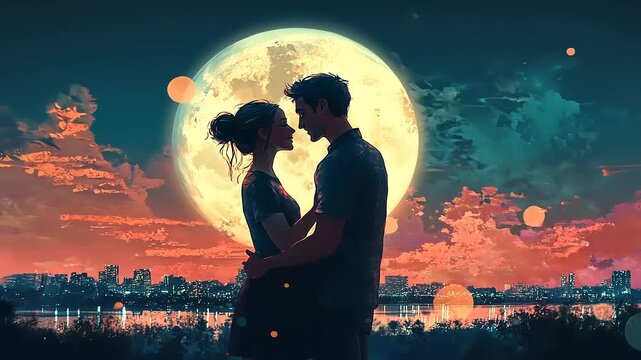 Couple embracing under a full moon, city skyline at dusk, romantic atmosphere with vibrant colors