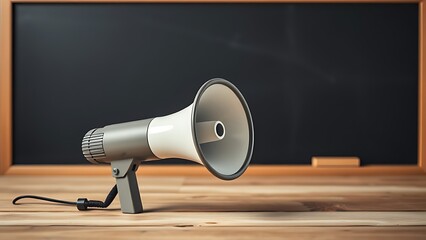 Close-up of a megaphone on wood with blackboard, symbolizing communication and ideas.