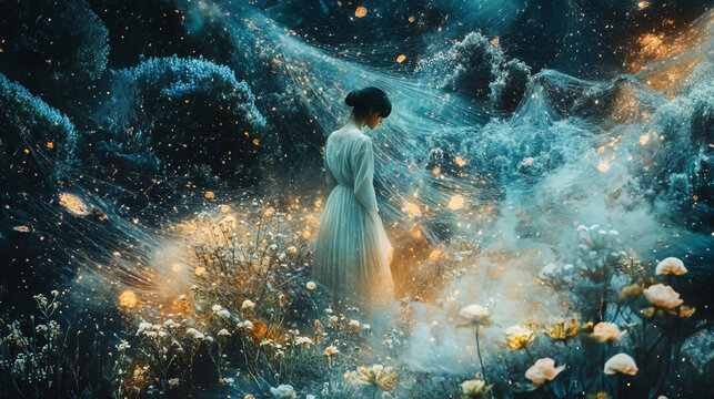 Radiant threads of sound and shape merge in dreamlike landscapes, shaped by mysterious forces and bound by music