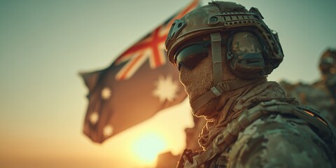 A soldier in camouflage stands resolutely with the Australian flag in the background. The image symbolizes duty, patriotism, and the rugged outback.
