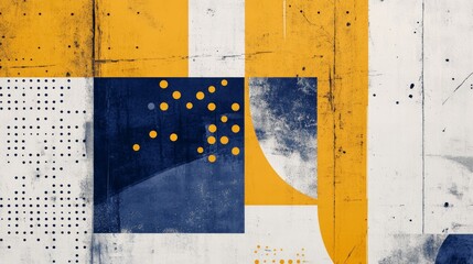 Geometric patterns in mustard yellow and navy blue with grunge texture