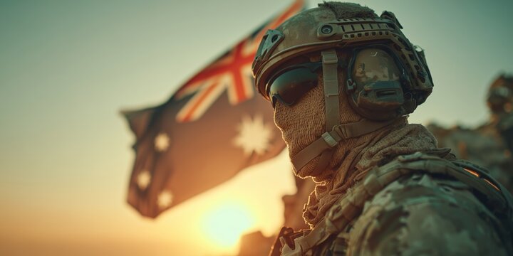 A soldier in camouflage stands resolutely with the Australian flag in the background. The image symbolizes duty, patriotism, and the rugged outback.