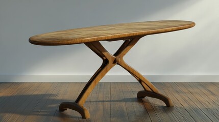 Wooden furniture composition showcasing a vintage-style table with an oval top and intertwined leg support in a minimalist setting illuminated by gentle light effects against a neutral backdrop